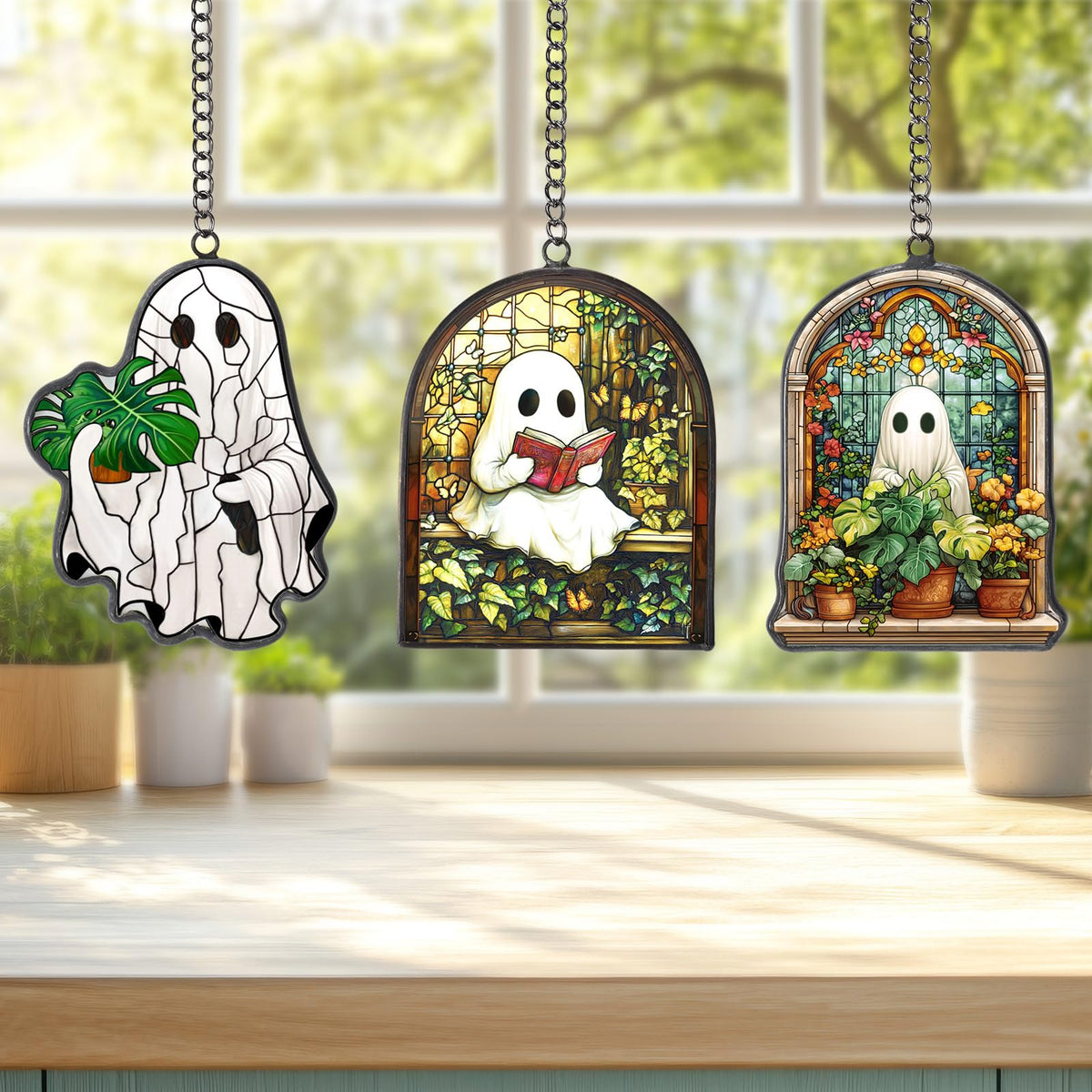 Bucherry 3 Pcs Halloween Ghost Suncatcher Halloween Stained Glass Plant Reading Book Glass Suncatcher Window Hangings Ornaments Cute Ghost Plant Hanging Decor for Home Office Kitchen Living Room Wall