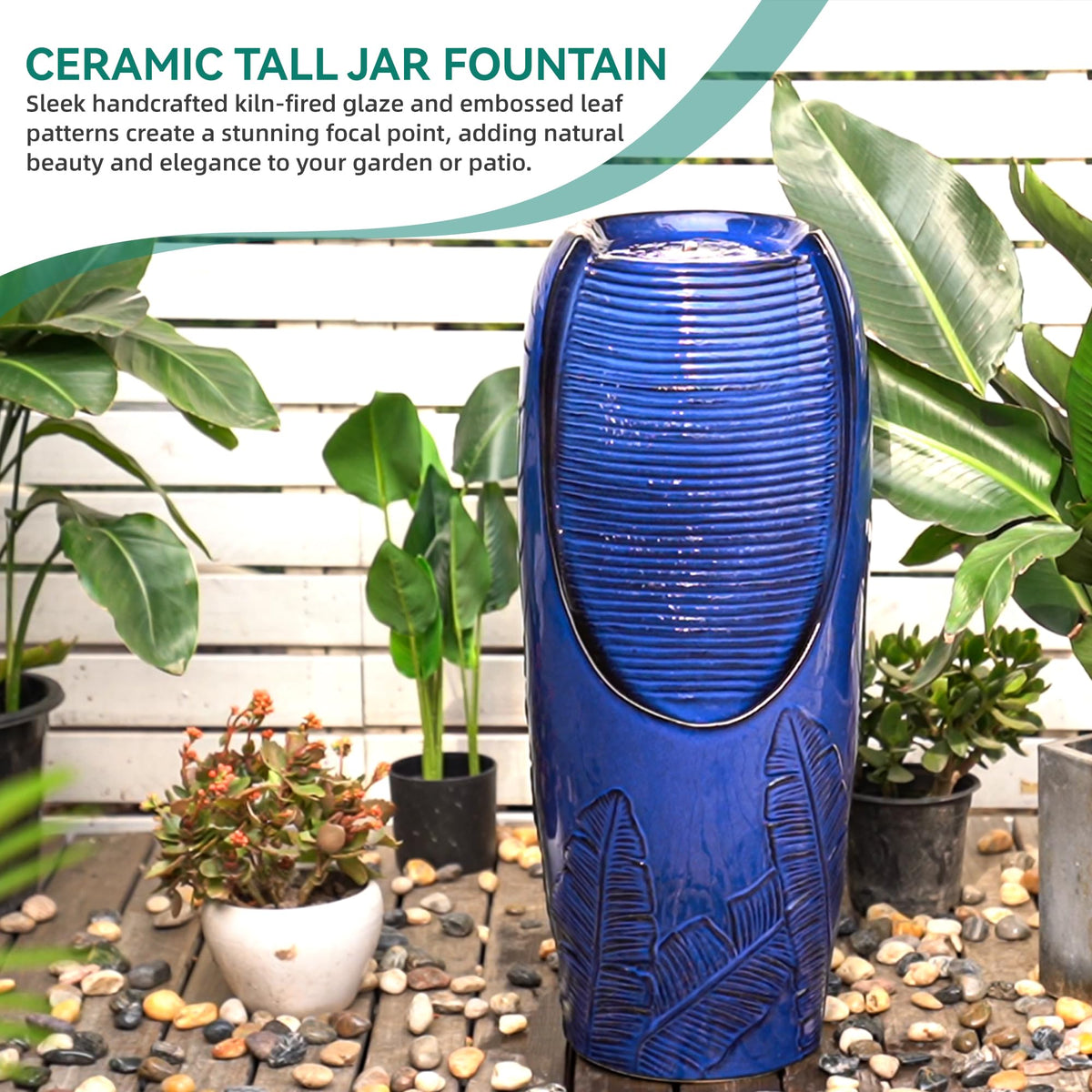Autodaya 33" H Outdoor Garden Fountain with LED Lights, Modern Ceramic Jar Water Fountain, 3D Tropical Leaf Pattern, Cobalt Blue Glaze, Soothing Cascading Waterfall for Relaxing Patio, Yard, Porch