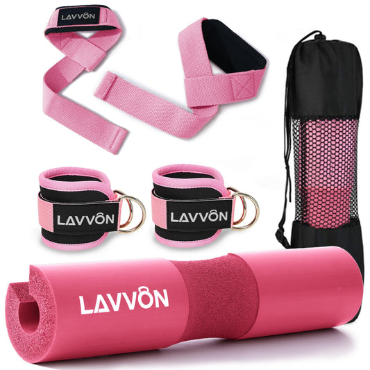 Squat Pad Set - Foam Barbell Pad for Squats Cushion, Lunges & Bar Padding for Hip Thrusts -Standard Olympic Weight Bar Pad,Gym Accessories for Women(Ankle Straps,Wrist Straps for Weightlifting)(Pink)