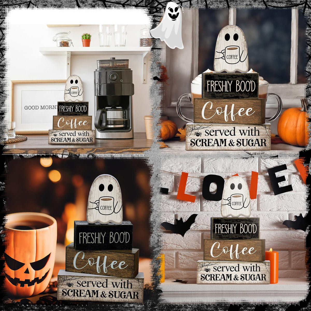Lineshading 4 Pcs Halloween Table Decor Coffee Ghost Wooden Sign Halloween Tiered Tray Decor Farmhouse Ghost Tabletop Centerpiece Decorative Coffee Bar Block Signs for Home Office Kitchen Shelf