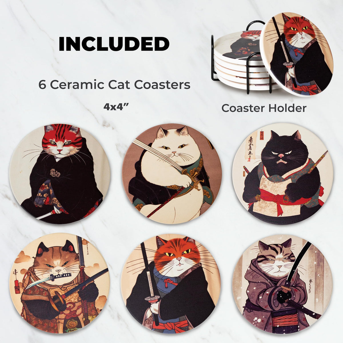 Ninja Cat Coasters - Anime Cat Decor - Set of 6 Drink Coasters with Holder, Funny Coasters, Anime Gifts for Men