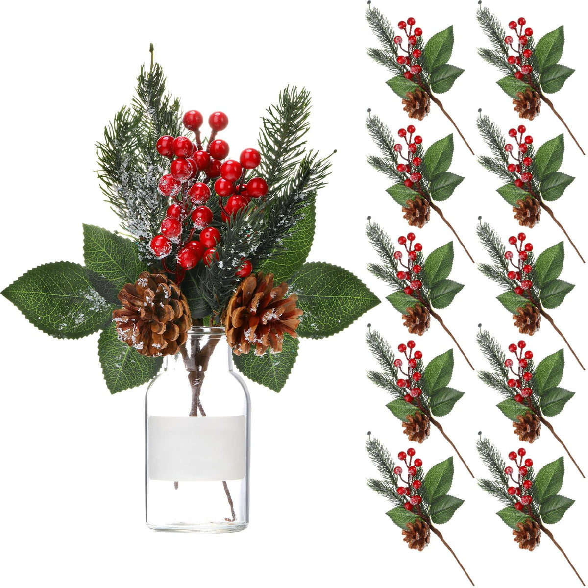 Boao 12 Pcs 11'' Large Christmas Pine Picks Tree Decoration Red Berry Picks and Sprays with Cone Artificial Fake Branches Snowy Floral Flower Holly Pine for Tree Crafts Decor Faux Stem