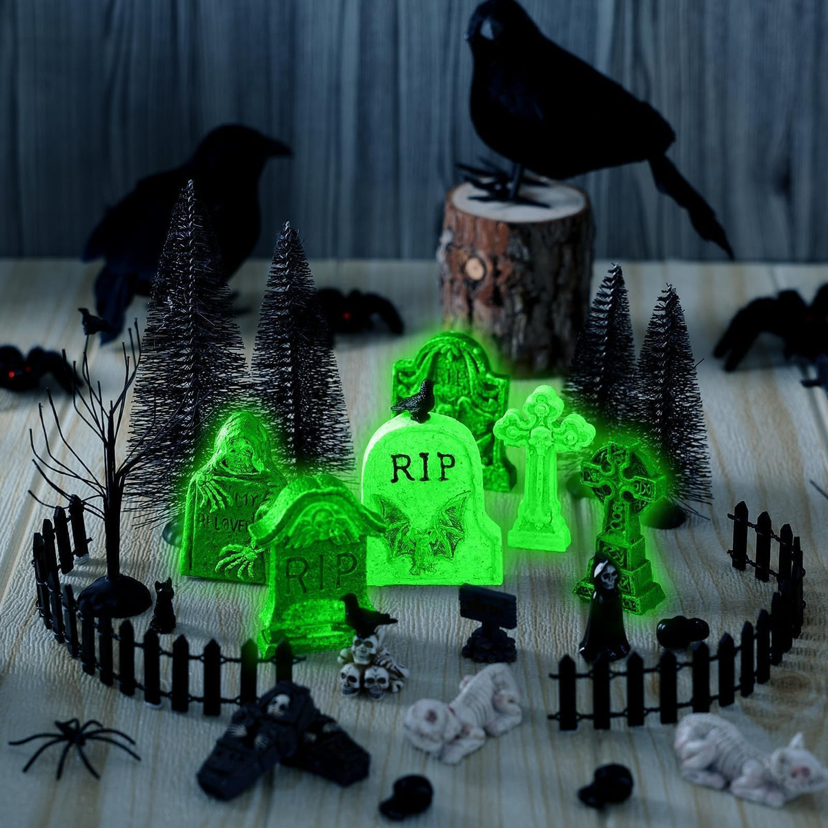 YLOLUL 48 Pcs Fluorescent Halloween Village Accessories Miniature All Saints' Day Figurines Glow in The Dark Mini Tombstones Skeleton Tiny Trees for Halloween Town Decorations Party Table Decor