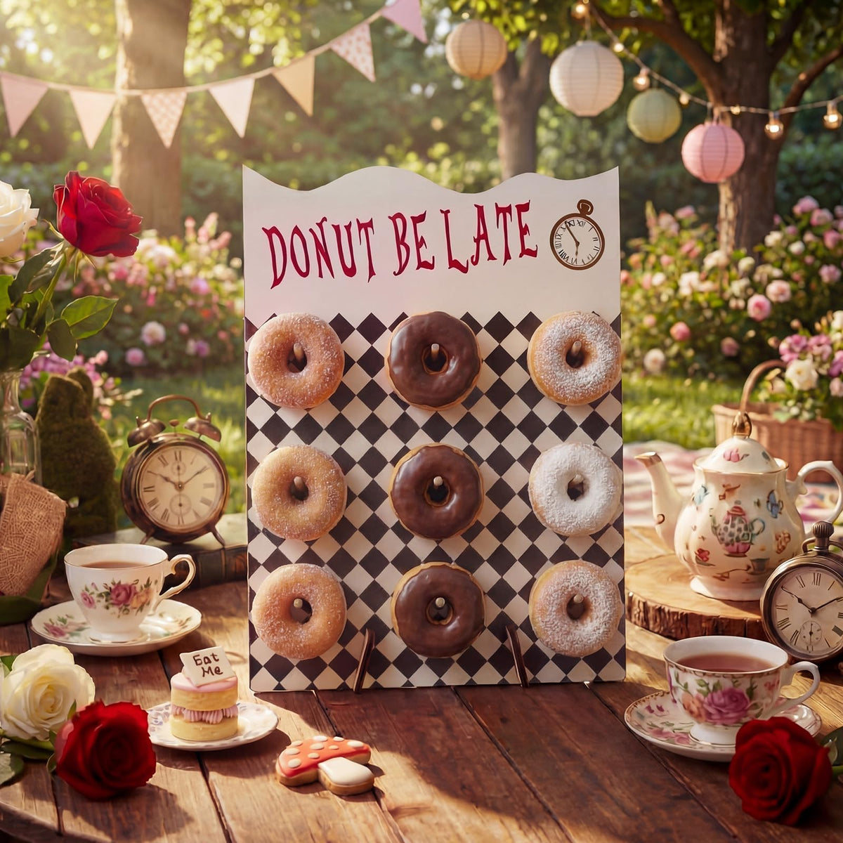 Suclain 16 x 12 Inches Wonderland Party Decoration Donut Wall Display Stand 9 Holes Wooden Donut Bagel Display Holder Board Wonderland Tea Black and White Checkered Stands for Birthday Tea Parties
