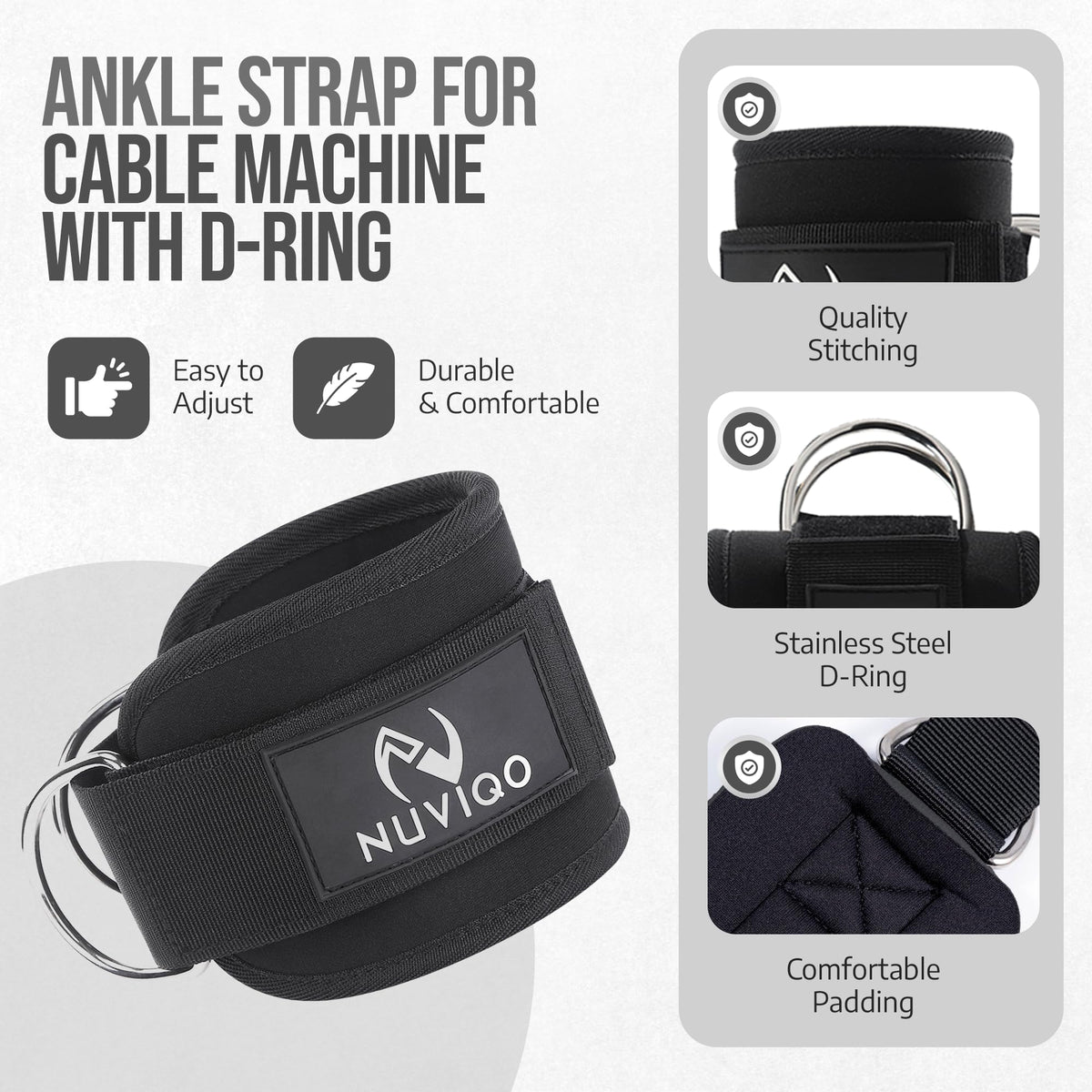 NUVIQO 9 Pcs Gym Accessories Set Featuring Barbell Pad with 2 Safety Straps - 2 Ankle Straps for Cable Machine - 2 Weight Lifting Straps - Hip Resistance Band - Carry Bag for Hip Thrust Pad