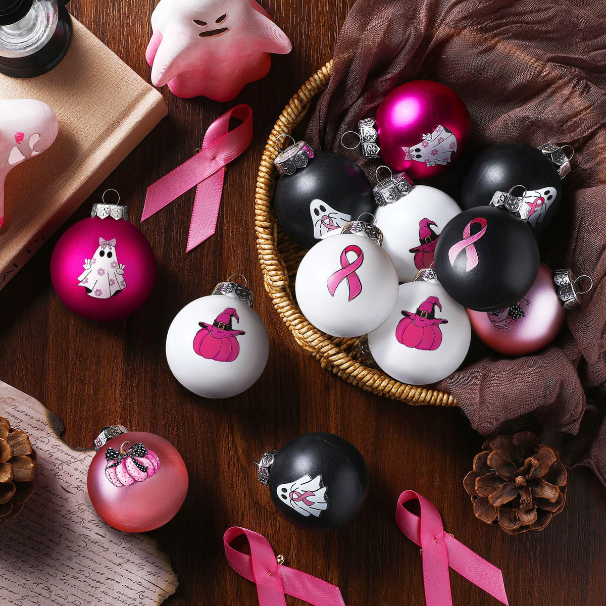 Arrowbash 12 Pcs Breast Cancer Halloween Ornaments 2.4 Inch Pink Ghost Ribbon Ball Decoration October Pink Pumpkin Bulb Ornaments Breast Cancer Awareness Halloween Decoration for Tree Home Party Decor