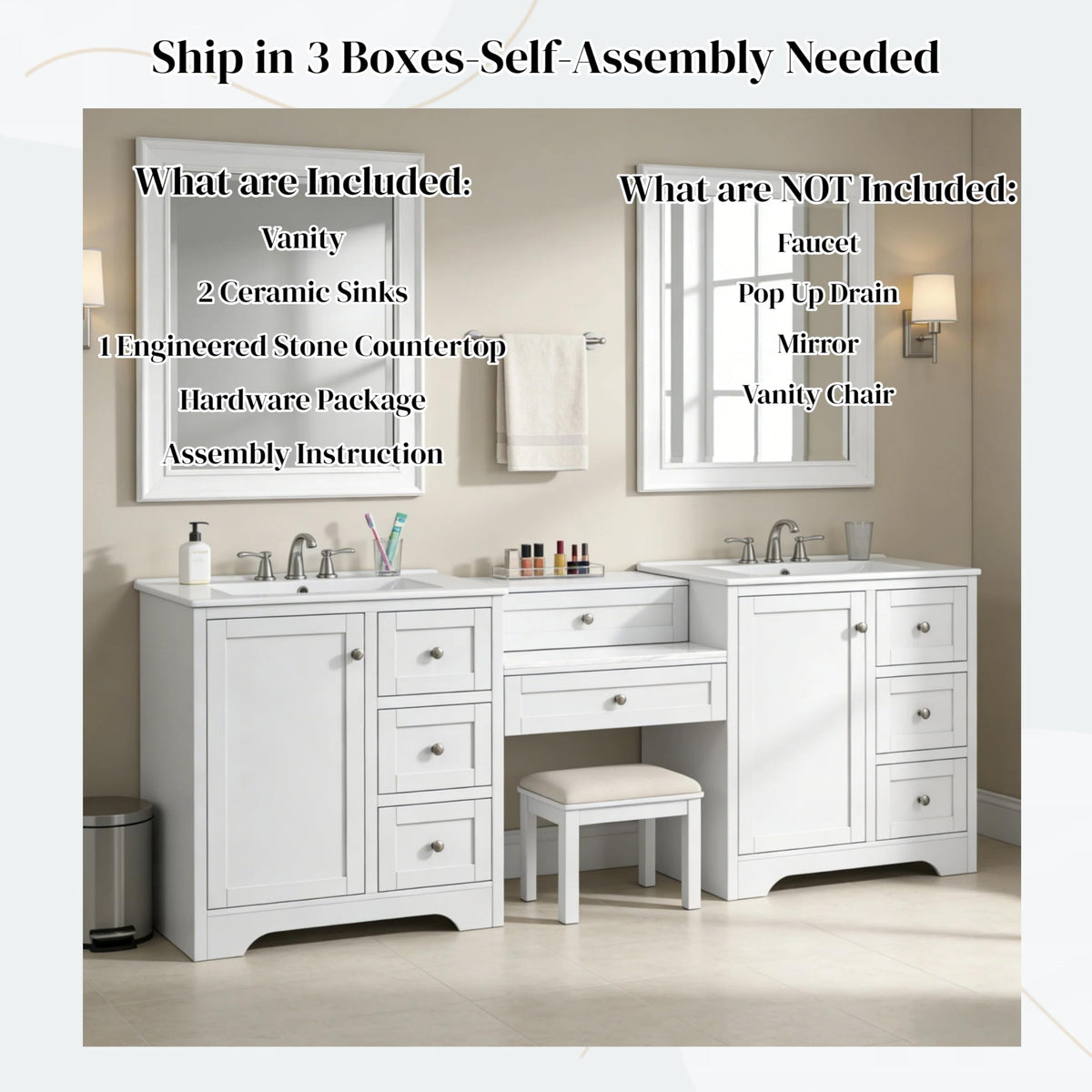 Merax 84" Double Sink Bathroom Vanity with Engineered Stone Countertop & 2 Ceramic Sinks,Large Storage Vanity with 6 Soft Close Drawers,Silver Metal Knobs for Master Bathroom,Family Bath,White