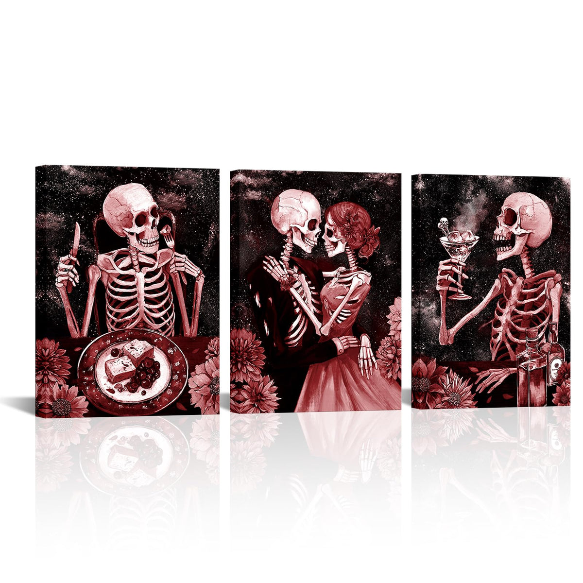 FuShvre Gothic Wall Art Skeleton Pictures Painting Canvas Red Moody Romantic Home Kitchen Restaurant Wall Decor Framed 12x16 inches each (Red)