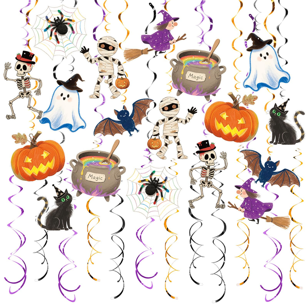 AimtoHome Halloween Hanging Party Decorations, 48 Pcs,Ceiling Decor Indoor Swirl Witches Cauldron Ghost Pumpkin Skull Cat Witch Party Supplies Sign,Black Purple Orange