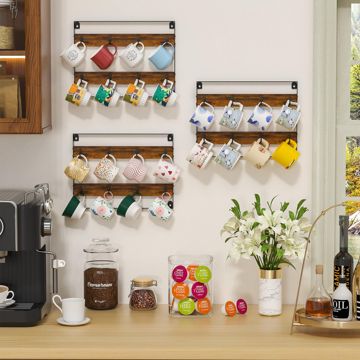 Rustic Wood Coffee Mug Rack - Wall Mount Cup Holder Shelf Storage for Kitchen, Home, Bar, Office (4 Pack, Holds 32 Mugs)