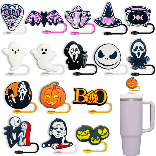 16PCS Halloween Straw Toppers for Stanley Cups, Cute Silicone Straw Cover Cap for Stanley 30&40 Oz Tumbler, Reusable Soft Straw Protectors Drinking Straw Caps for 10 mm Straws