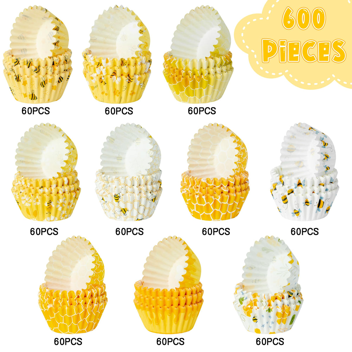 COcnny Bee Mini Cupcake Liners - 600pcs Summer Baking Cups Muffin Paper Cupcakes Wrappers for Birthday Party, Yellow Honey Candy Cake Chocolate Wrap Making Supplies for Baby Shower Wedding (10 Styles)