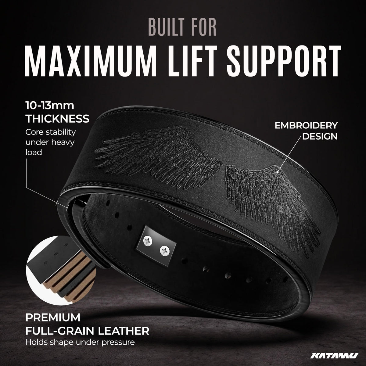 Katamu Black Out Wings USPA & IPL Approved Lever Belt — Premium 10mm and 13mm Leather Powerlifting Belt for Men and Women, Steel Lever Buckle, 4 Inch Back Support for Deadlifts