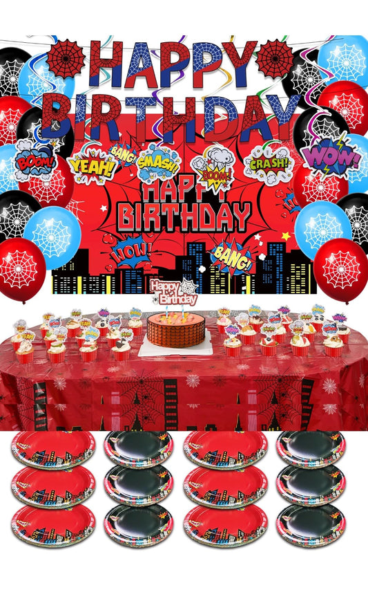 102 PCS Kids Spider Happy Birthday Party Decorations – All-in-One Party Kit with Banner, Backdrop,Tapes,Connectors, Balloons, Tablecloth, Cake Toppers, Hanging Swirls for Kids Friends Man and Woman