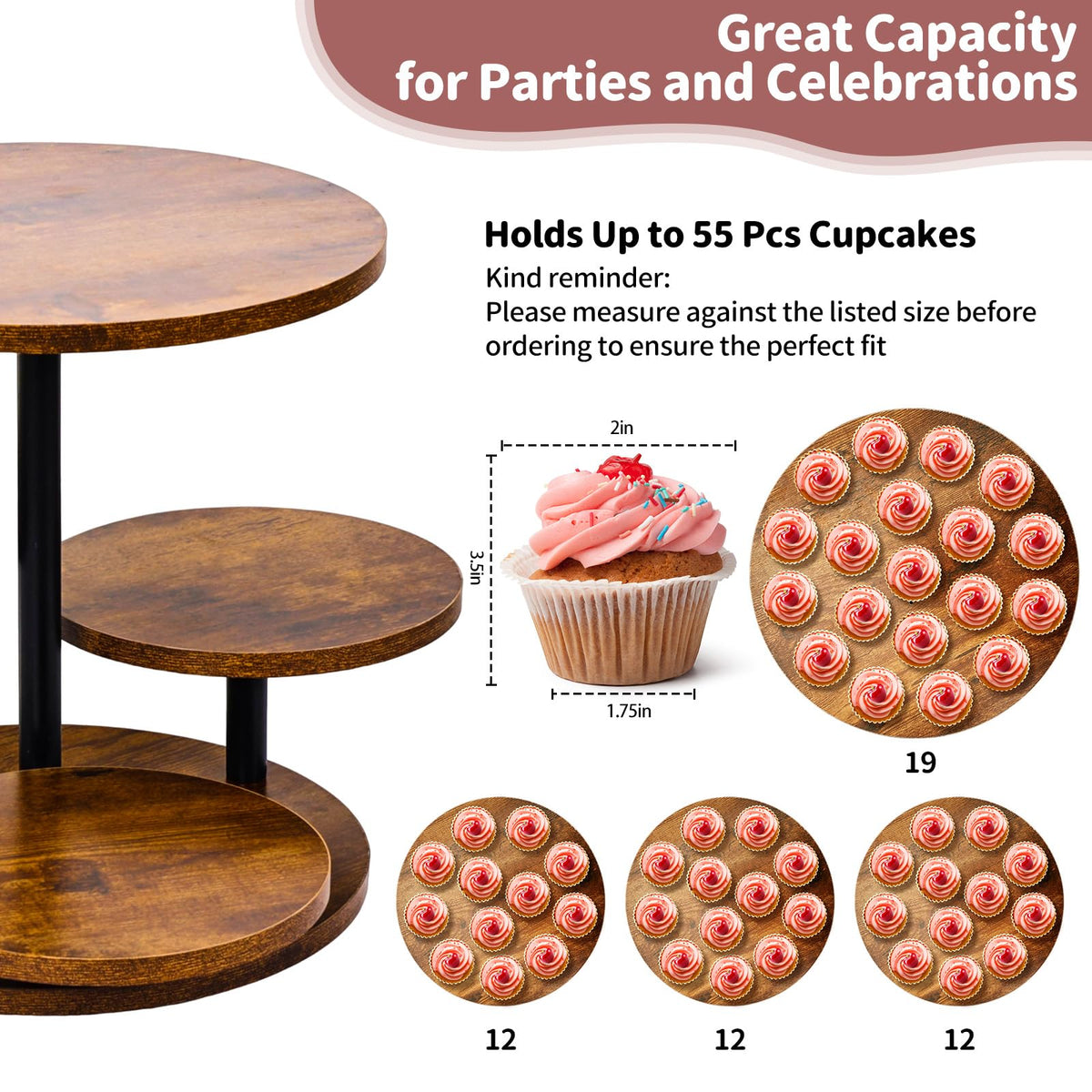 NANXITU 4 Tier Cupcake Tower Stands for 50 Cupcakes,360° Rotatable Round Cup Cake Stand with Tiered Tray,Farmhouse Wooden Dessert Table Display Stands for Wedding Birthday Baby Shower Tea Party