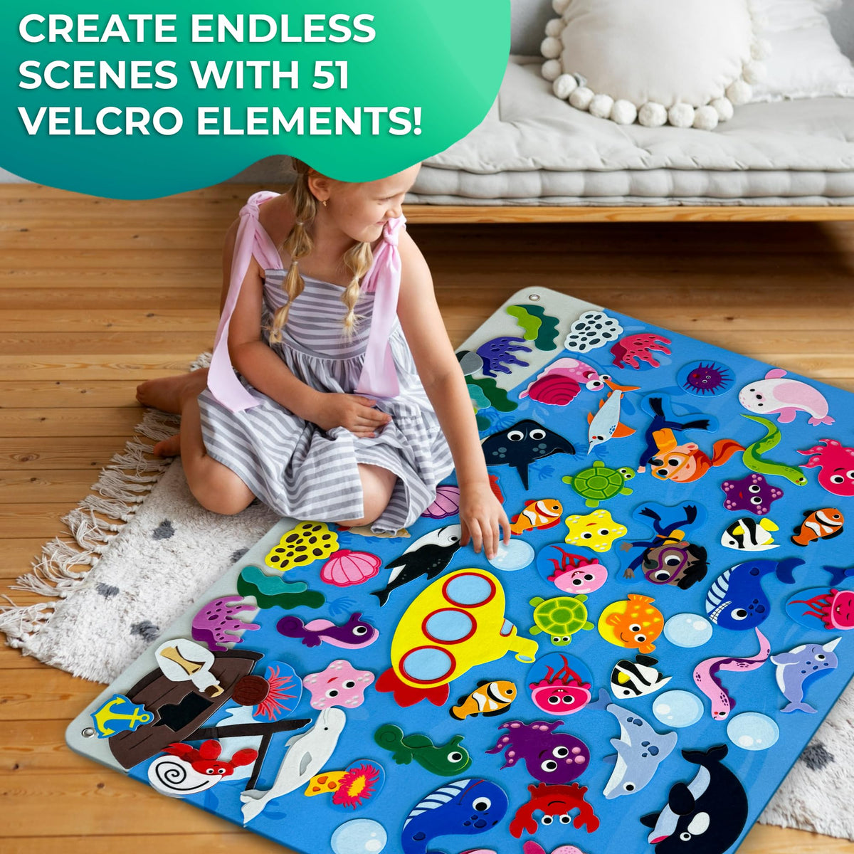 QUOKKA Ocean Felt Board for Toddlers 61 PCS - Double-Thick Felt Board Story Set with Large 39х27,7 in. Durable Wall Activity Panel - Ideal for Storytelling Indoor Toddler Activities and Classroom