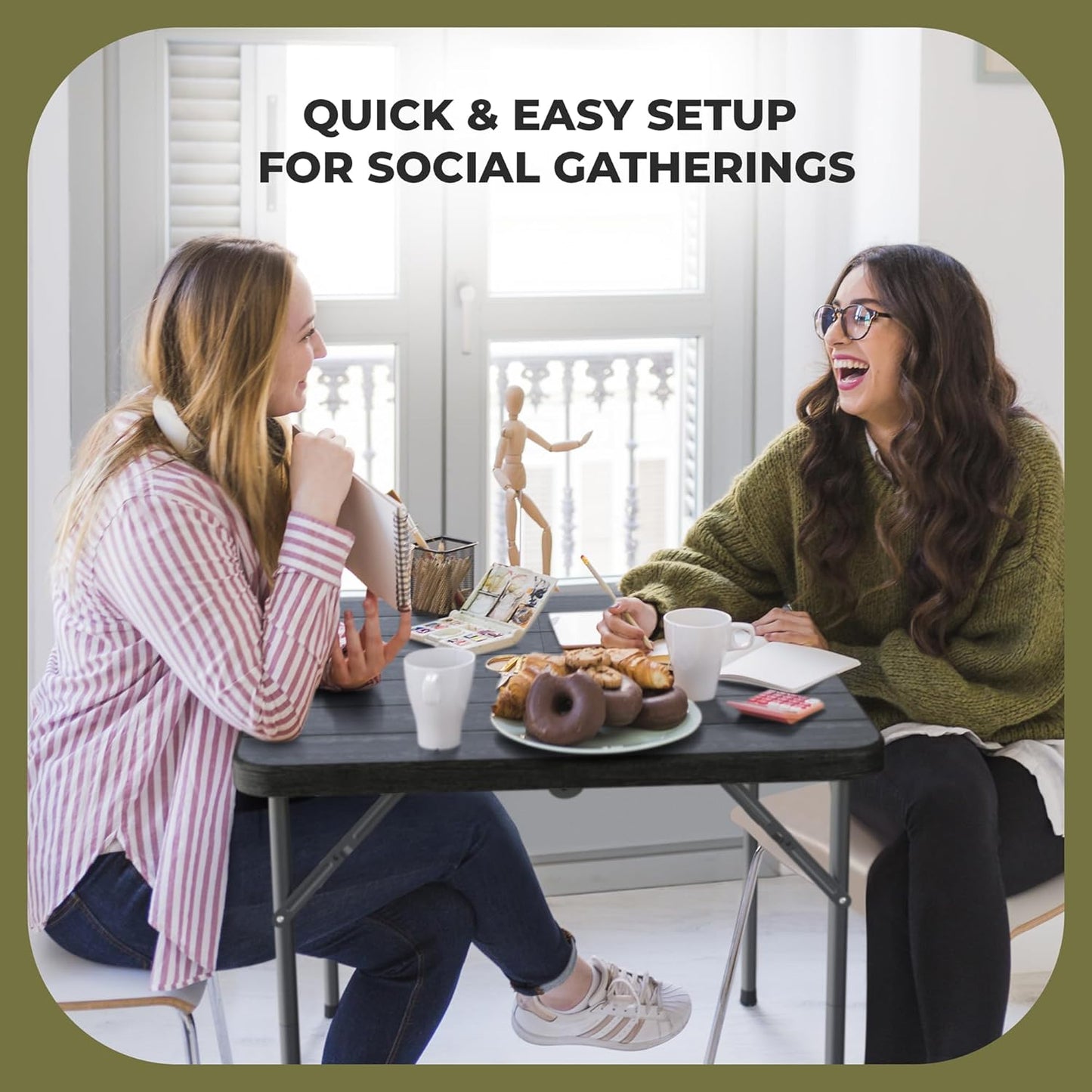 Modern Space 34" Square Foldable Table - Heavy Duty Portable Design with Built-In Handle | Ideal for Events, Picnics, and More