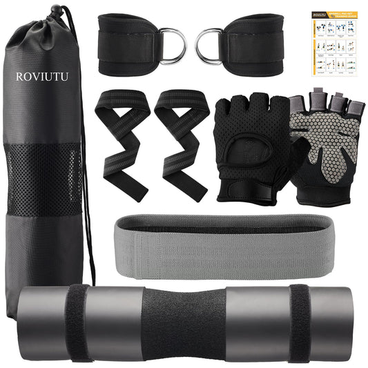 Barbell Pad Set,10 Pcs Barbell pads For Hip Thrust Squat & Lunges Support,With 2 Workout Ankle Straps, 2 Workout Gloves, 2 Gym Straps Weight Lifting, Resistance Bands,Olympic Bar Pad,Carry Bag (Black, Large-Gloves)