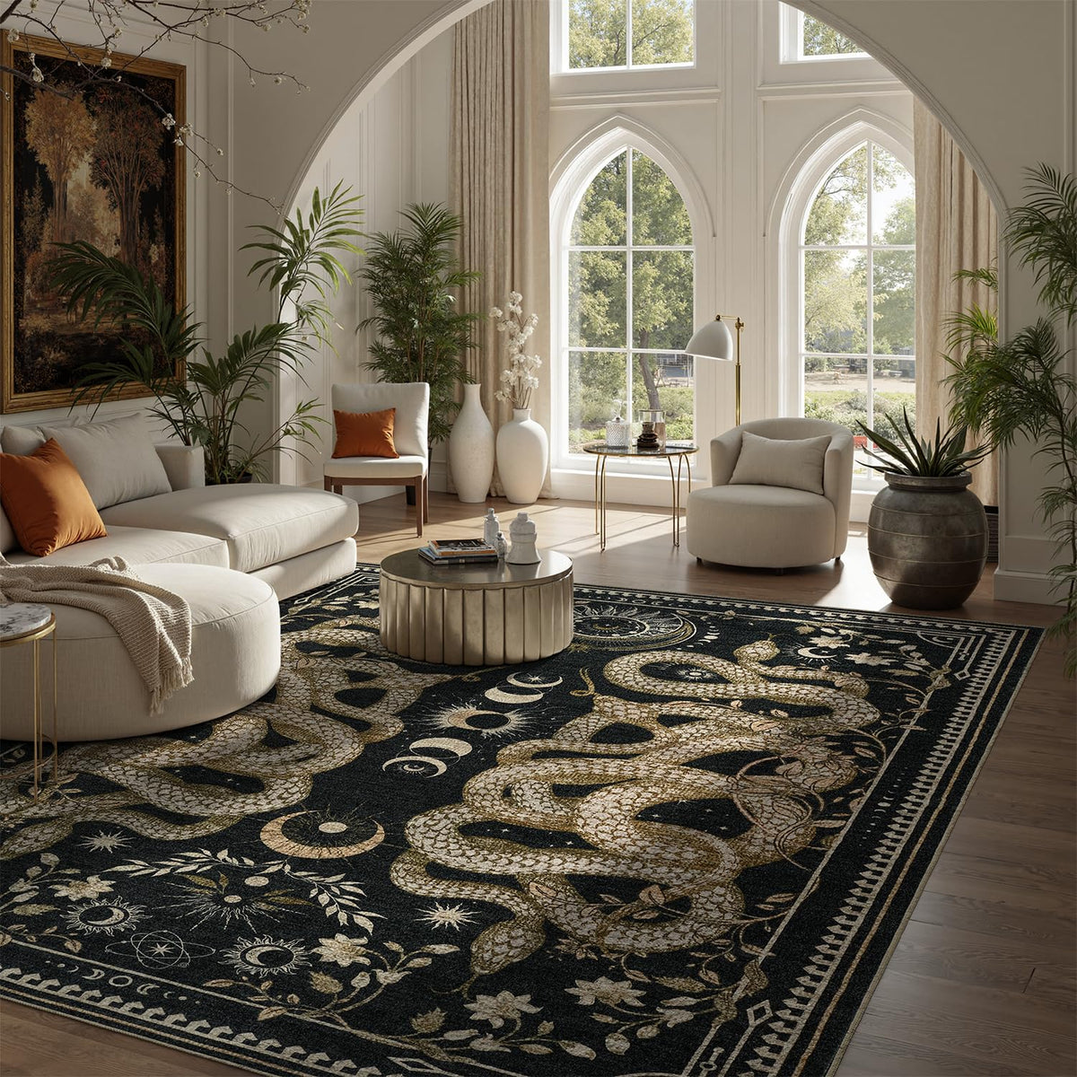 DCX Washable 5x7 Snake Rug, Black Gothic Rug for Living Room, Soft Low Pile Carpet, Kid & Pet Friendly with Rubber Back Non Slip, Stain Resistant Rug for Bedroom Dining Room Office