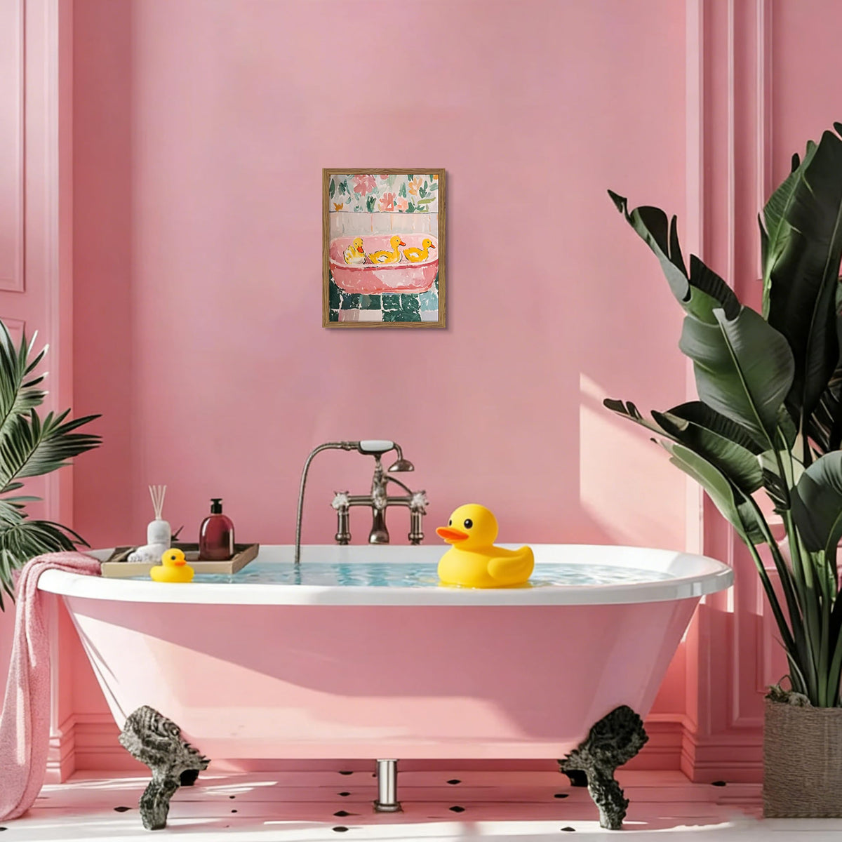Framed Funny Bathroom Wall Art Decor, Yellow Duck in Pink Bathtub Canvas Wall Decor Painting, Cute Whimsical Animal Poster Print Picture for Girls Bathroom Nursery 12x16 Inch