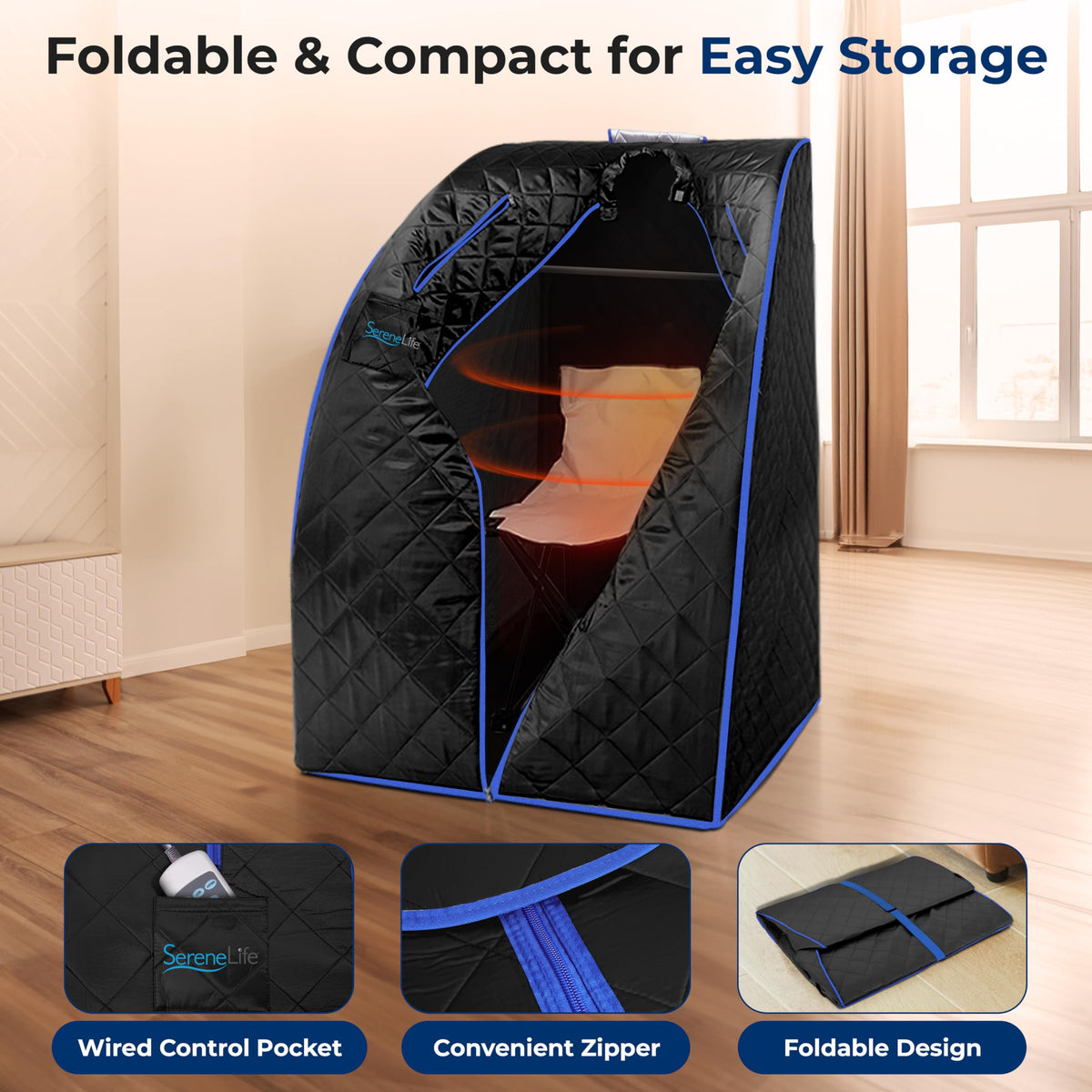 SereneLife Compact & Portable Infrared Steam Sauna, Personal Spa Style Sauna for at-Home Relaxation and Rejuvenation, Easy Access Sit-in Design, Foldable Chair, Energy Efficient, Foot Pad Heating Mat