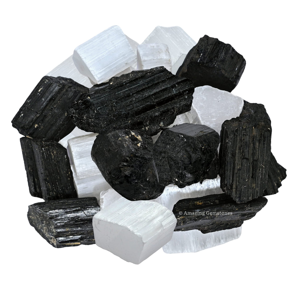 Amazing Gemstone Black Tourmaline Selenite Crystal - 1lb Bulk Raw Black Tourmaline Crystals and Selenite Healing Crystals for Protection, Crystal Grid, Energy Piedra Selenita Original