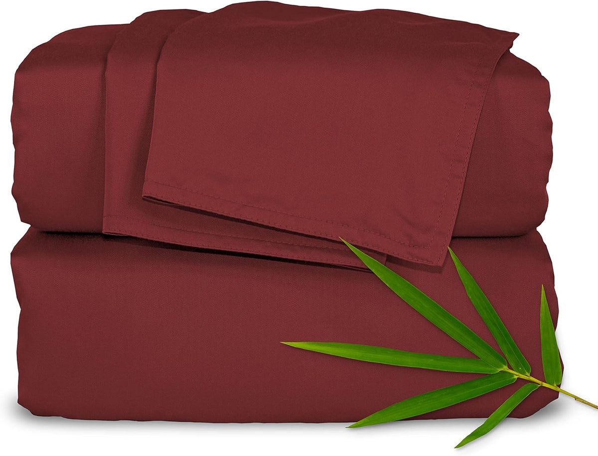 Pure Bamboo Full Bed Sheet Set - 100% Organic Viscose, Luxuriously Soft & Cooling | Merlot Color, Double Stitching