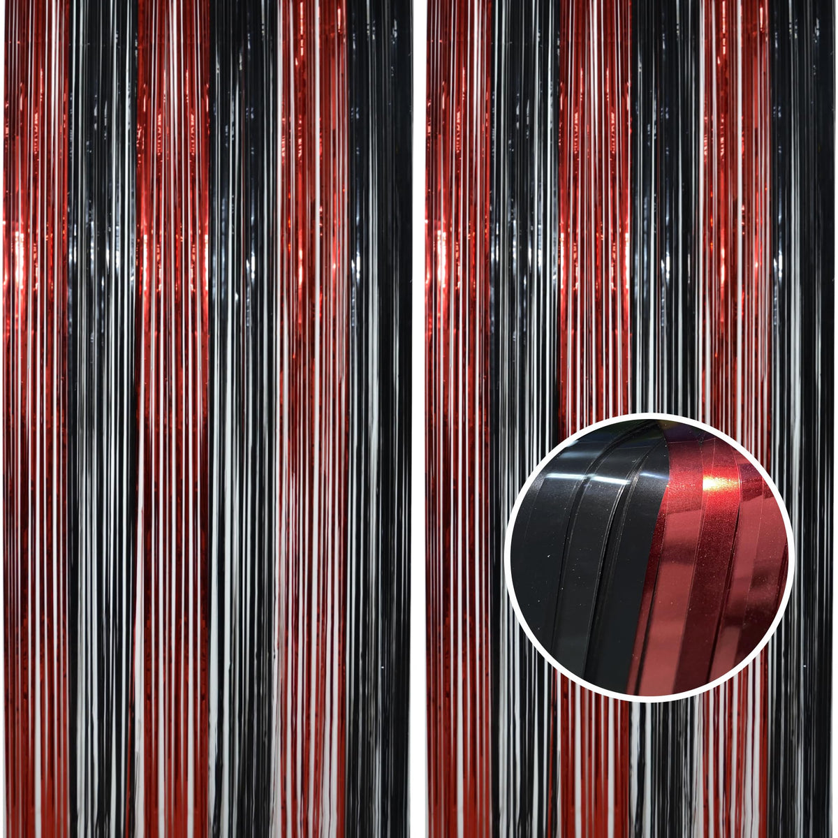 BRAVESHINE Tinsel Photo Backdrop Curtains - 2 Pack 3.2x8.2ft Black Red Foil Fringe Streamer Curtain for Graduation/Stranger/Men/Birthday/Bachelorette/Anniversary/Home/Office/Indoor/Outdoor Decorations
