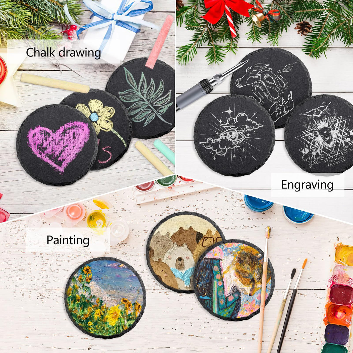 68 PCS Round Slate Drink Coasters Set, SIJDIEE 4 Inch Laser Engraving Black Slate Stone Coasters with Anti-Scratch Bottom and Coaster Holder for Office Bar Kitchen Home Dinner Table Decor Supplies