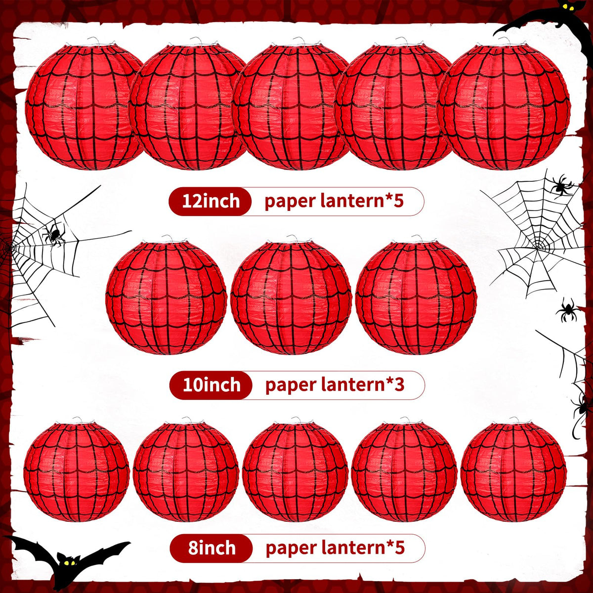 Bencailor 13 Pcs Spider Web Paper Lanterns Red Spider Web Party Hanging Supplies for Birthday Party Decorations