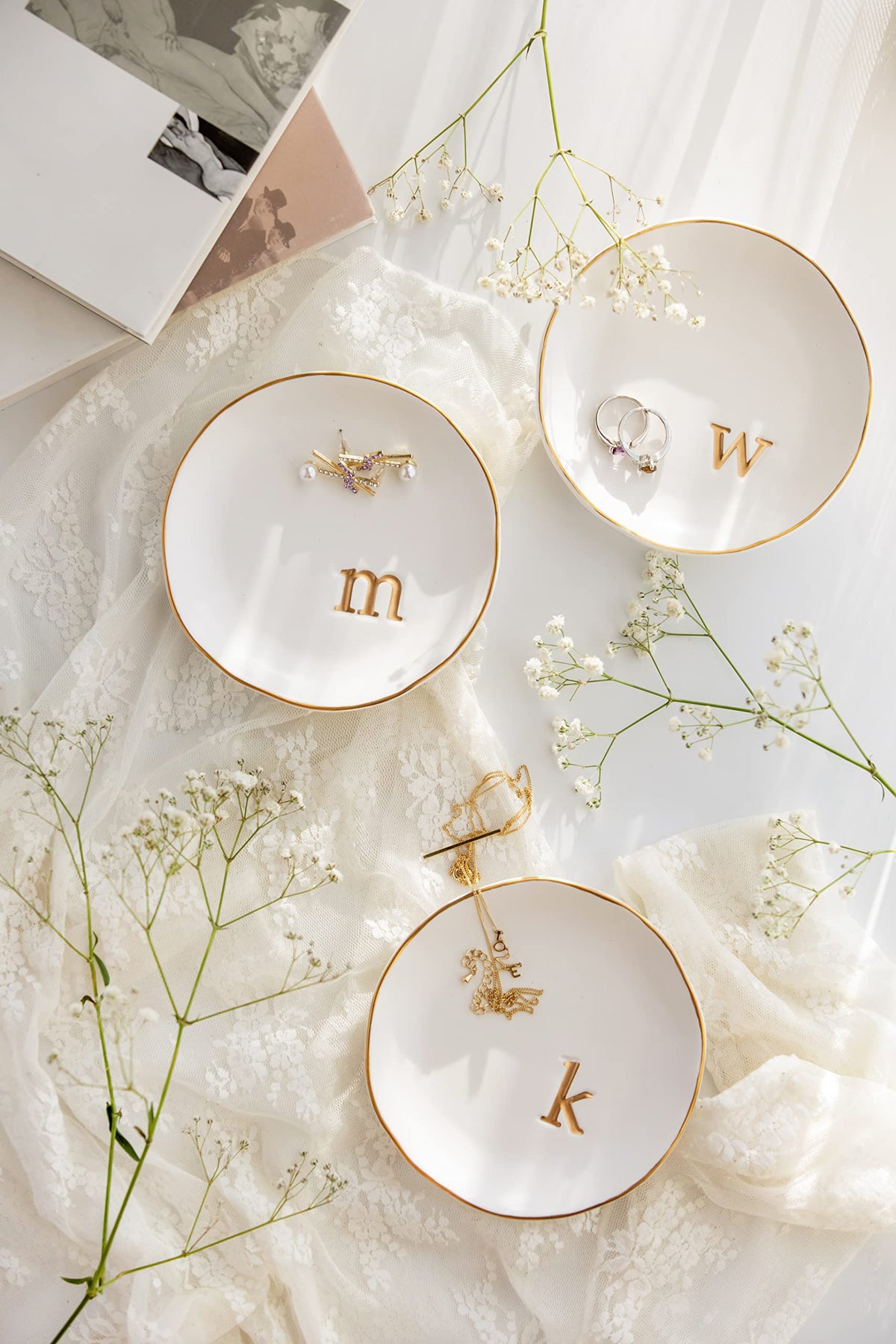 COLLECTIVE HOME - Ceramic Jewelry Tray, Decorative Trinket Dish for Rings Earrings Necklaces Bracelet Watch Keys, Birthday Mother's Day Christmas Gift for Women, 4.75", White Surface (S)