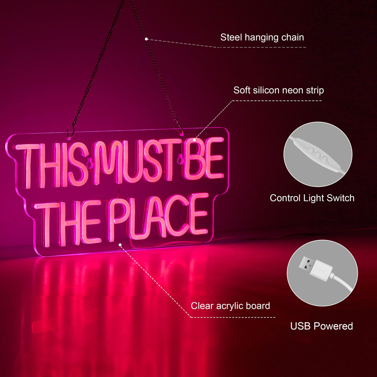 This Must Be The Place Neon Sign for Wall Décor Dimmable LED Neon Light USB Powered Neon Art Signs(Pink)