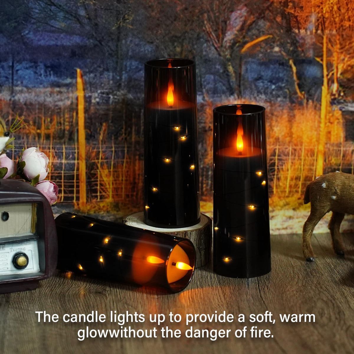 Flameless Candles,with Embedded Star String, Battery Operated Candles Flickering LED Pillar Candles with Remote Control and Timer, Home Decoration Add a Warm and Romantic Atmosphere，Set of 7 (Black)