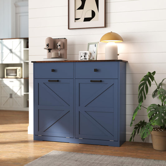 Farmhouse Trash Cabinet with Tilt Out Bins Recycling Cabinets, Kitchen Trash Can, Barn Door Style Recycling Storage, Barn Door Cabinet Hideaway Drawer Removable Laundry Sorter (Antique Navy Blue)