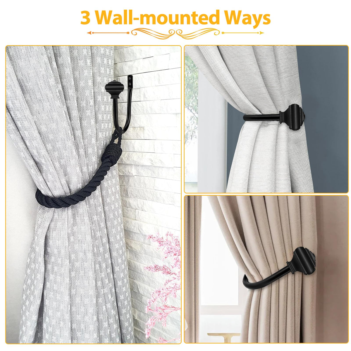 2 Pack Black Curtain Tiebacks, USFOOK Decorative Window Drapery Holdbacks (2 Pack/1 Pair), Curtain Hooks for Drapes with Square Finials (3.45" L x 5.35" W)