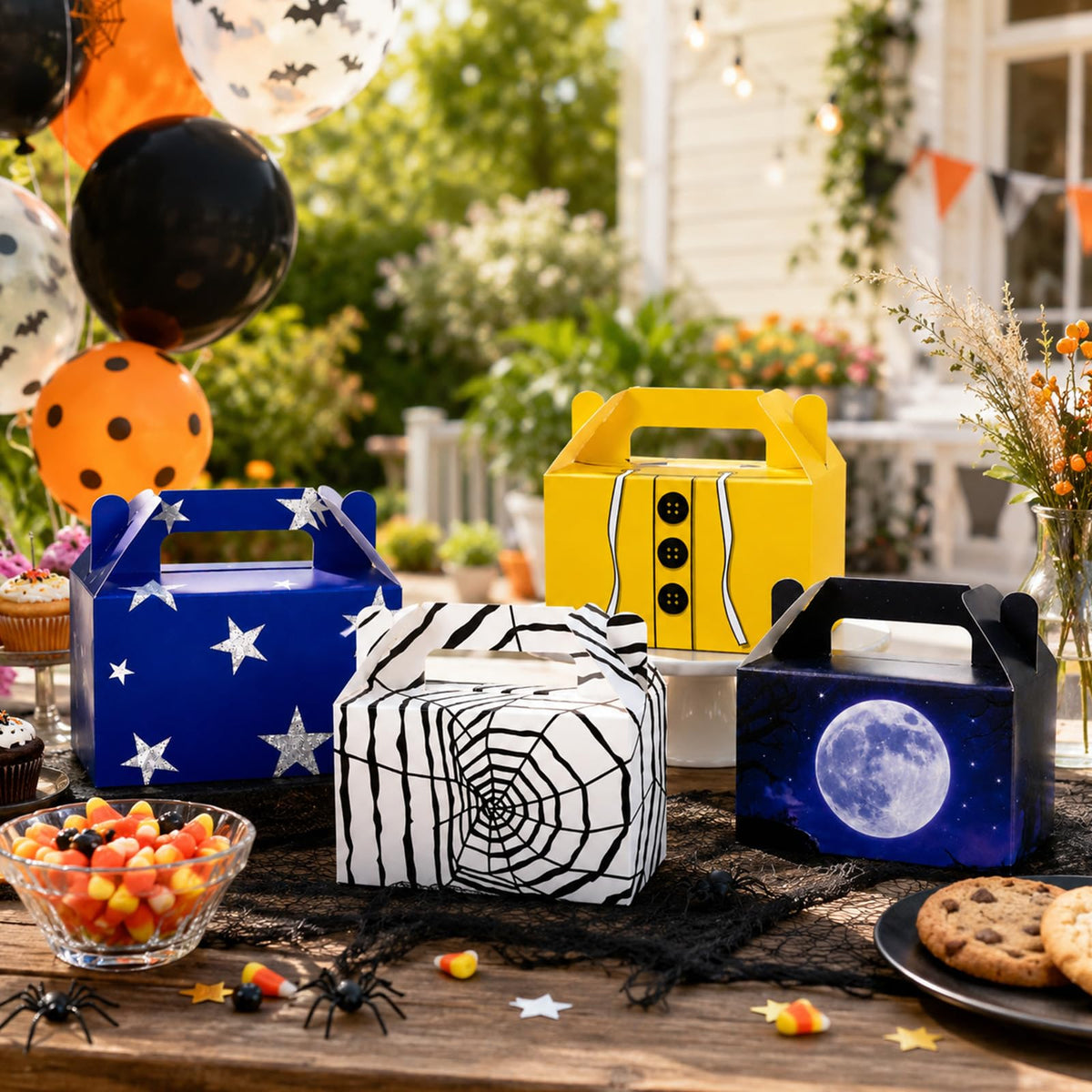 12 Pcs Spooky Themed Party Favor Boxes Cartoon Movie Theme Treat Paper Boxes Spider Star Moon Button Paper Box Halloween Supplies Spider Birthday Themed Favor Box for Celebration Party Supplies