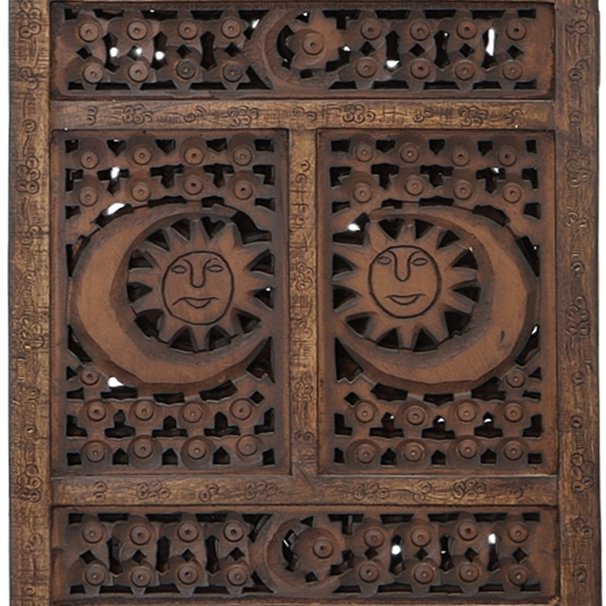 Hand Carved Sun and Moon Design Foldable 4 Panel Wooden Room Divider, Decorative Privacy Screen, Rustic Home Partition Decor