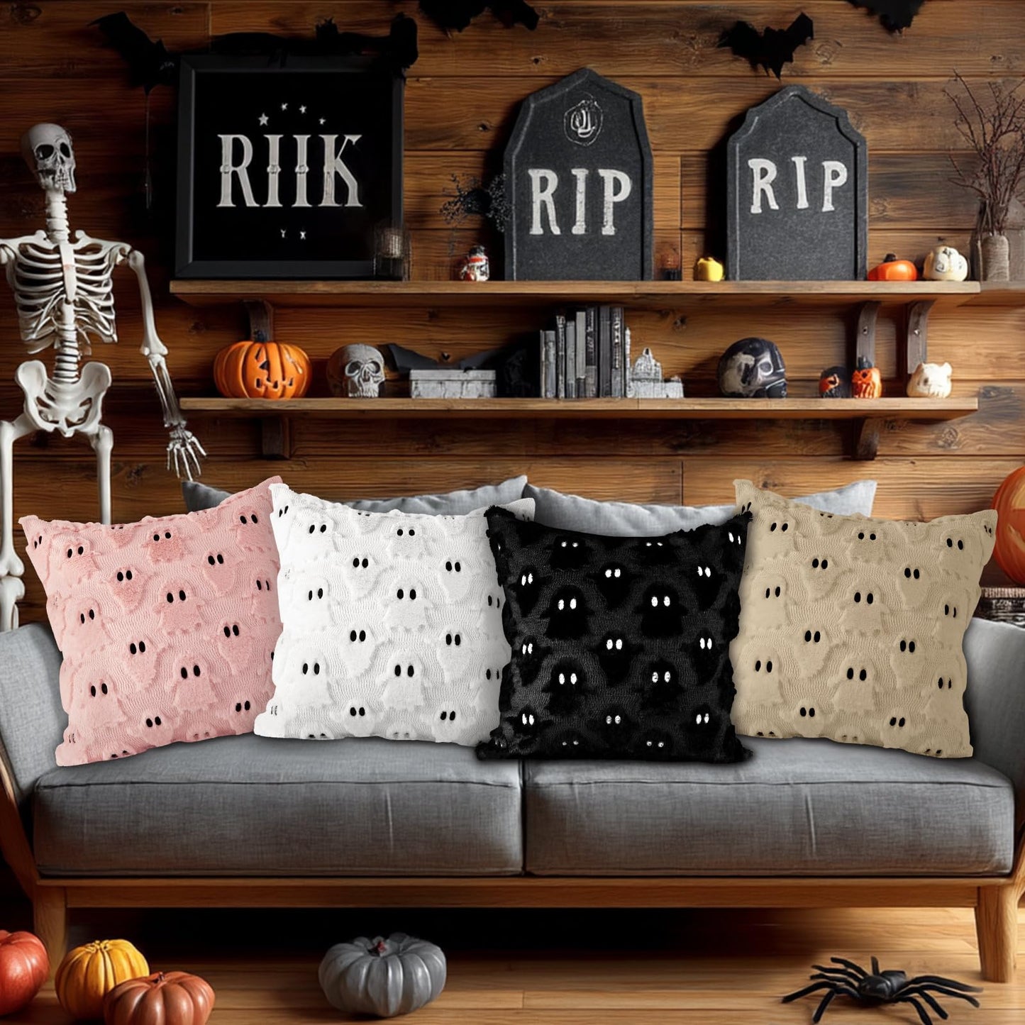Lanpn Halloween Pillow Covers 18x18 Set of 2, Ghost Throw Pillowcases Soft Plush Faux Fur Wool Decorative Pillow Cover 18x18 Cushion Covers for Sofa Couch Chair Bed Halloween Home Decor (Beige)