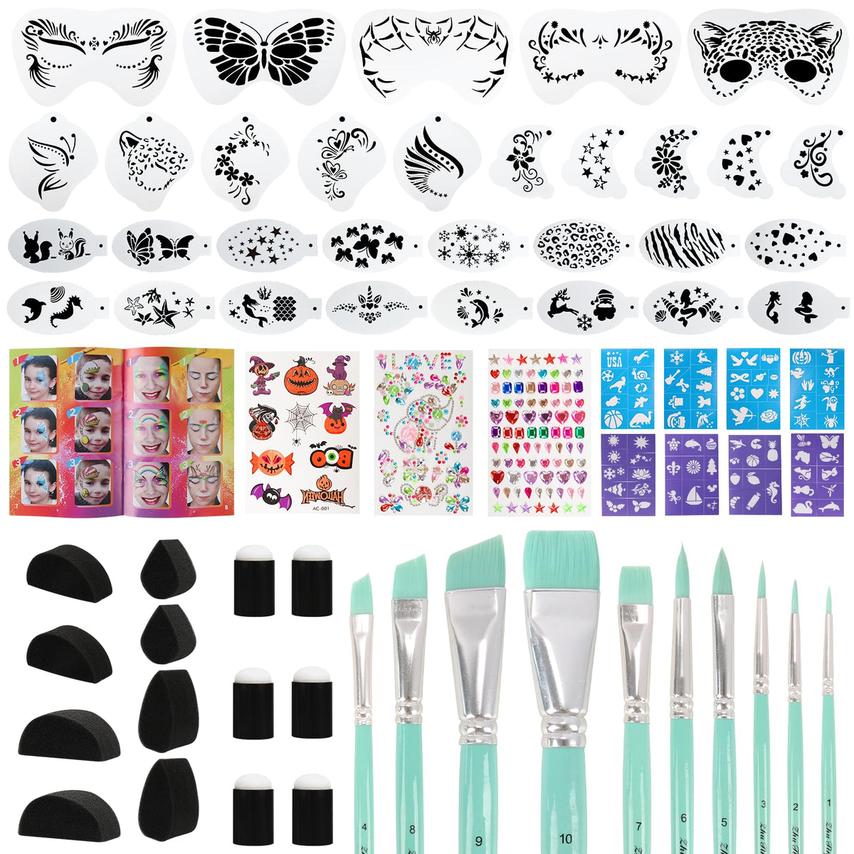 67-Piece Deluxe Face Painting brushes and Stencils Kit - Safe Non-Toxic Tools with Brushes, Sponges, Reusable Stencils, Stickers, Book & More, Perfect for Carnival, Halloween & Parties