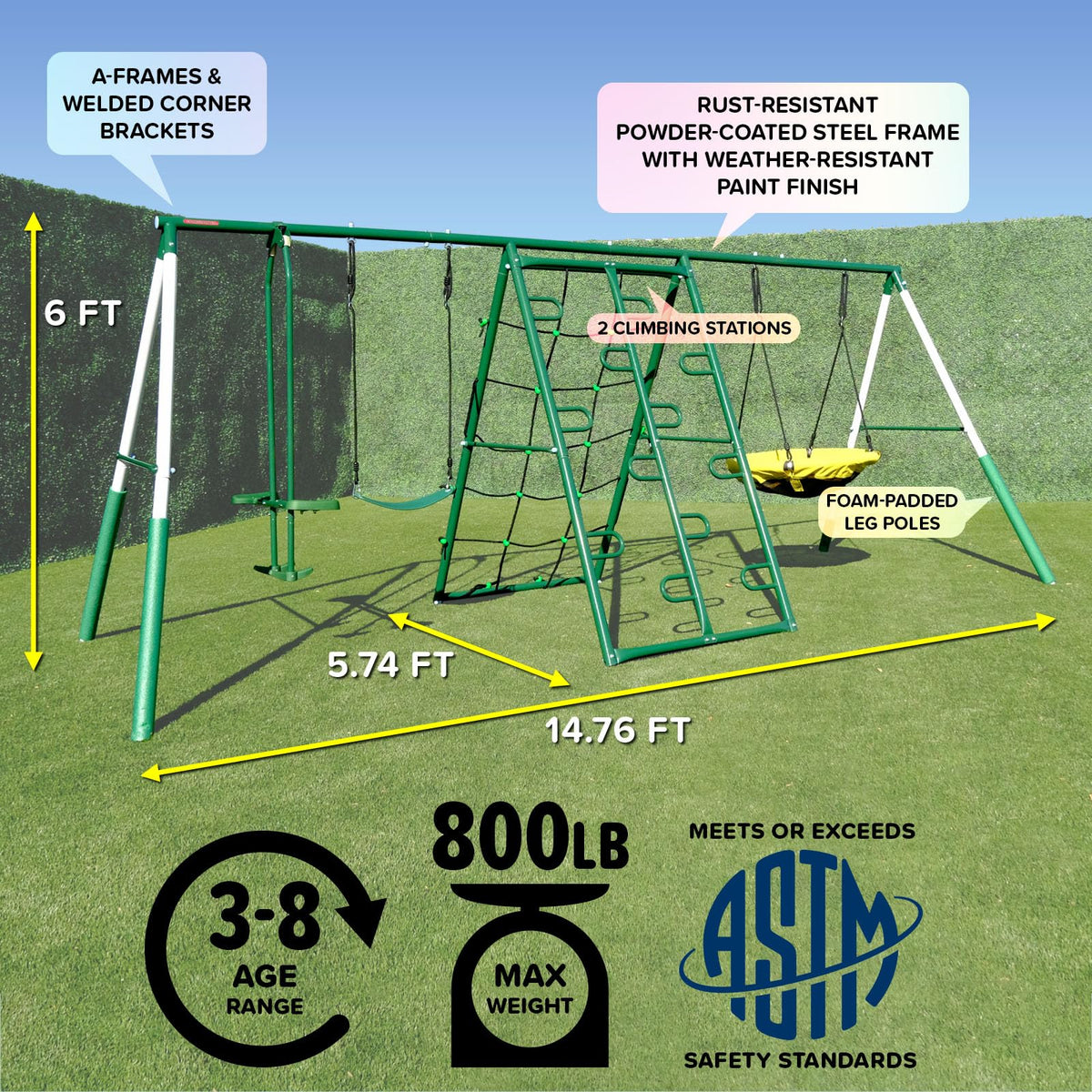 Sportspower Swing Climb and Glide Metal Swing Set 6 in 1: Heavy-Duty A-Frame, Belt Swing, Glider, Saucer, Climbing & Net Ladders (Green)