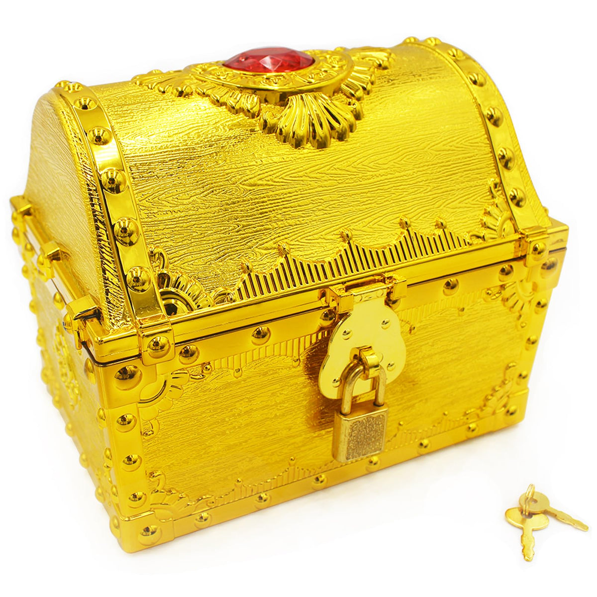 Pemalin Kids Pirate Treasure Chest Large Size Storage Box, Gem-encrusted Gold Decorative Chest with Lock and Key for Kids Birthday, Halloween, Christmas Pirate Party Favors
