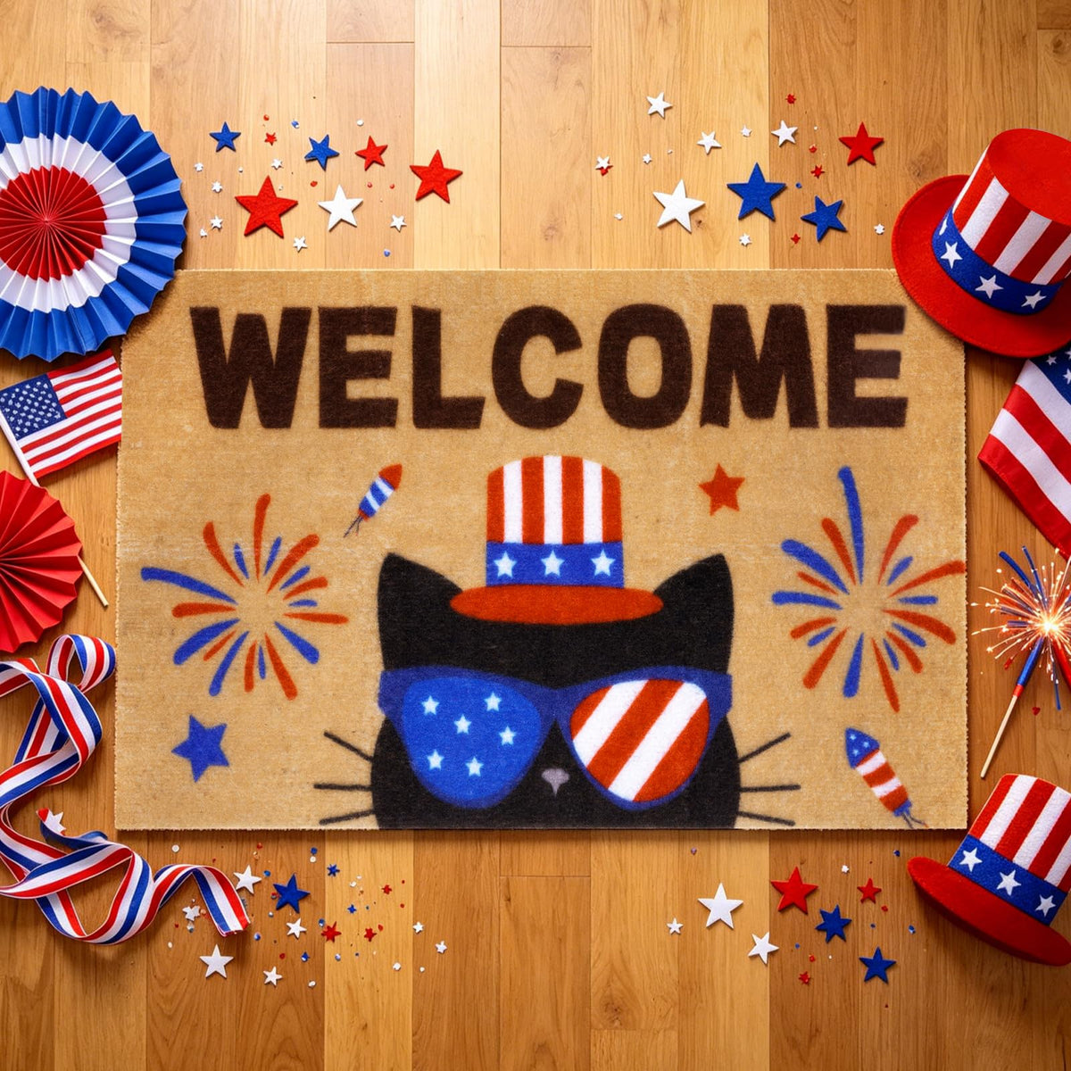 Prewplam 4th of July Patriotic Welcome Doormat- Black Cat 250th Anniversary America Coir Doormat, Front Rubber Non Slip Backing Mats for Outdoor Entryway Entrance Porch Patriotic Decor,73 x 43