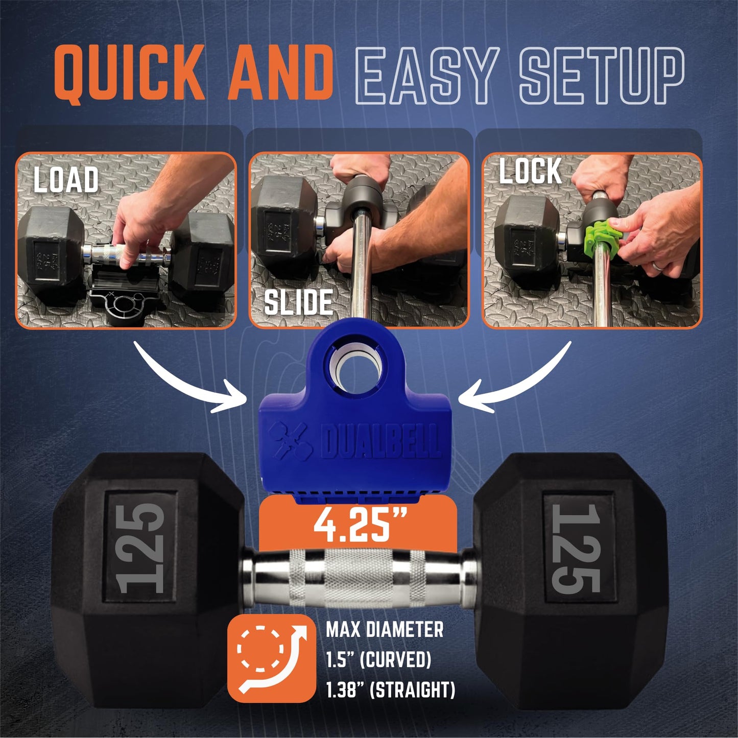 Blue DUALBELL Superset for 1” bar and blue weight collars- Home gym dumbbell to barbell adapters - Connect Dumbbells to 1” standard diameter bar to replace weight plates, 500lb max capacity