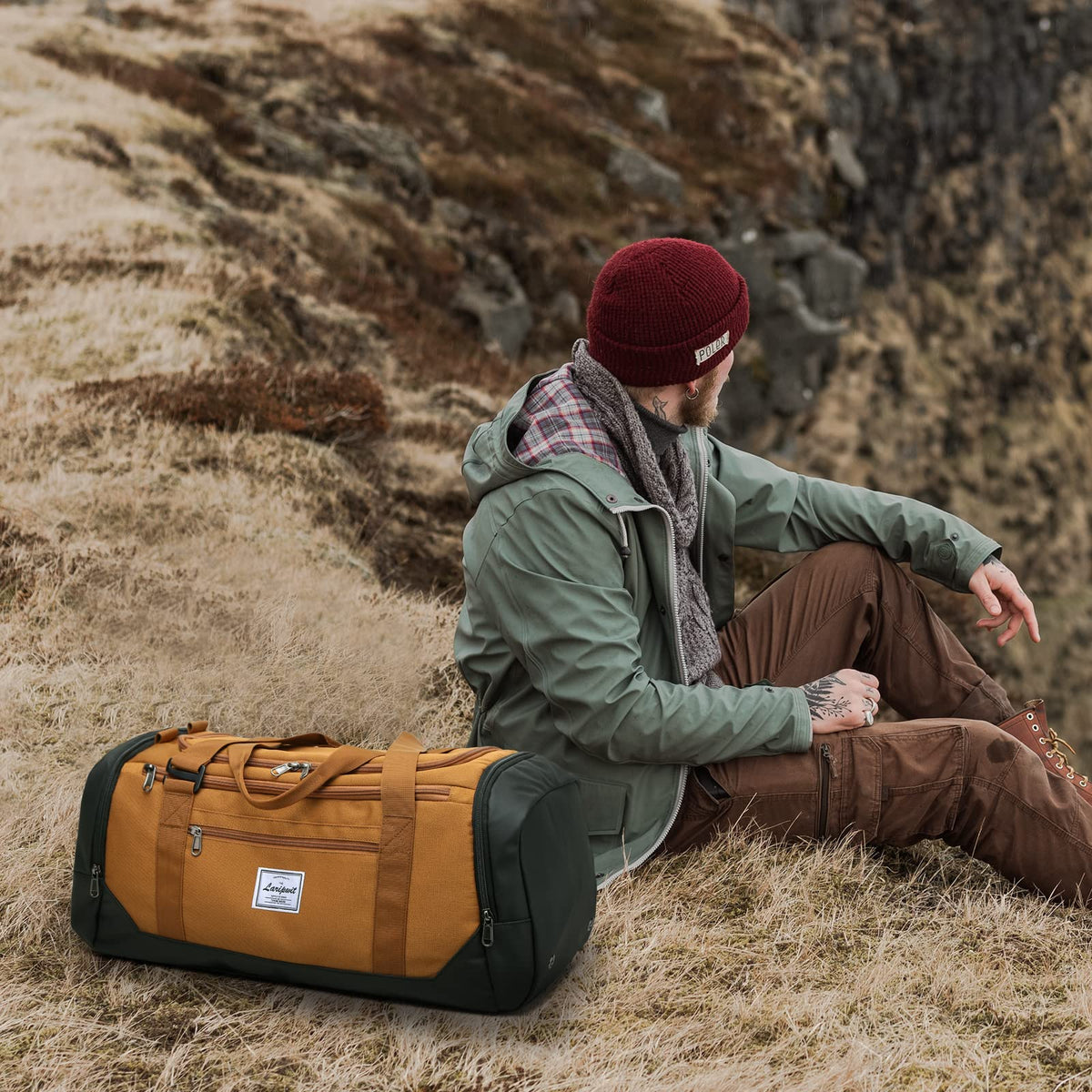 Laripwit Travel Duffle Bag for men 40L Medium Sports Gym Bag with Wet Pocket & Shoes Compartment Weekender Overnight Backpack for Traveling Duffel Bag Backpack for Women, Khaki