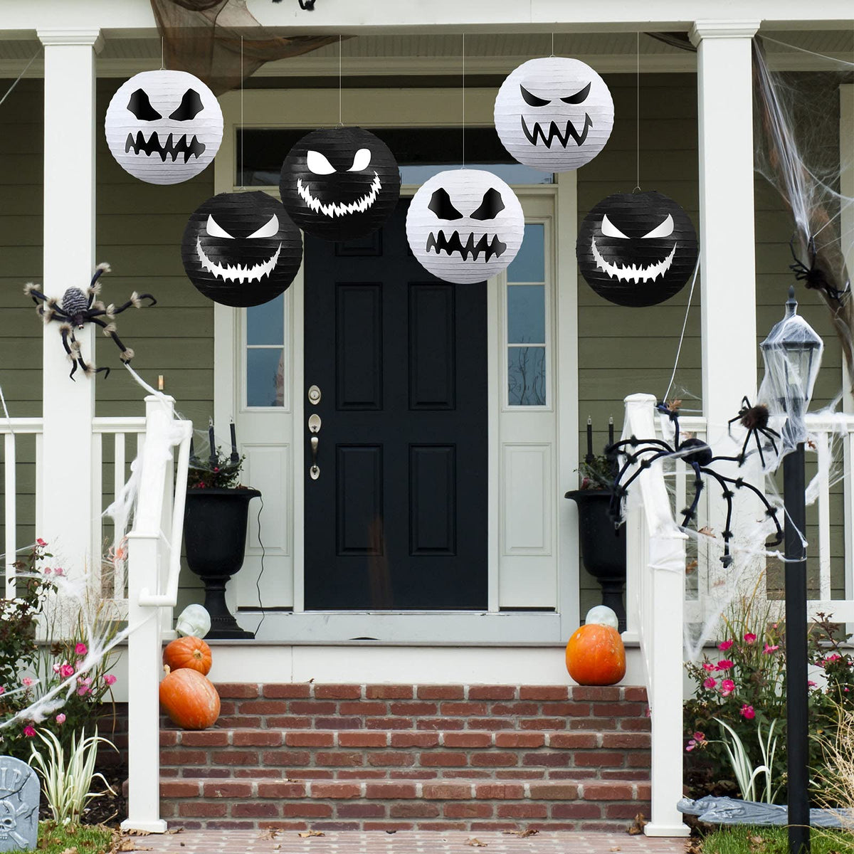6 Pieces Halloween Paper Lanterns Party Decorations Halloween Hanging Lanterns Decorative for Home Outdoor Yard Party Supplies Favors 11.8 x 11 inch, White, Black (Normal Style)