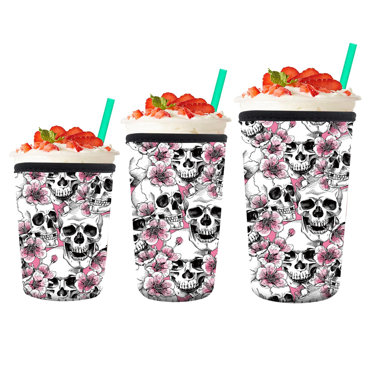 AMZXCFGL 3 Pack Reusable Neoprene Insulator Sleeve for Iced Coffee Cups, Cute Funny Coffee Cup Sleeve, Universal Fit 16-32oz Cups for Hot Cold Beverages Cute Floral Skull