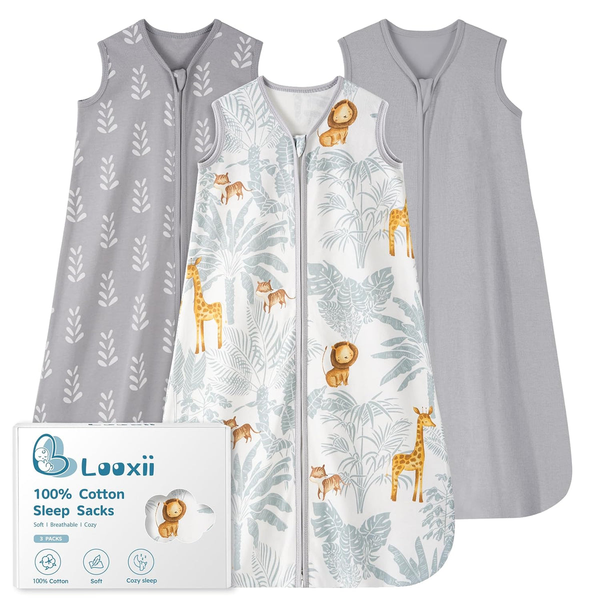 Looxii Baby Sleep Sack - 0.5 TOG 100% Cotton Wearable Blanket | 3-Pack Toddler Sleeping Bag for 12-18 Months