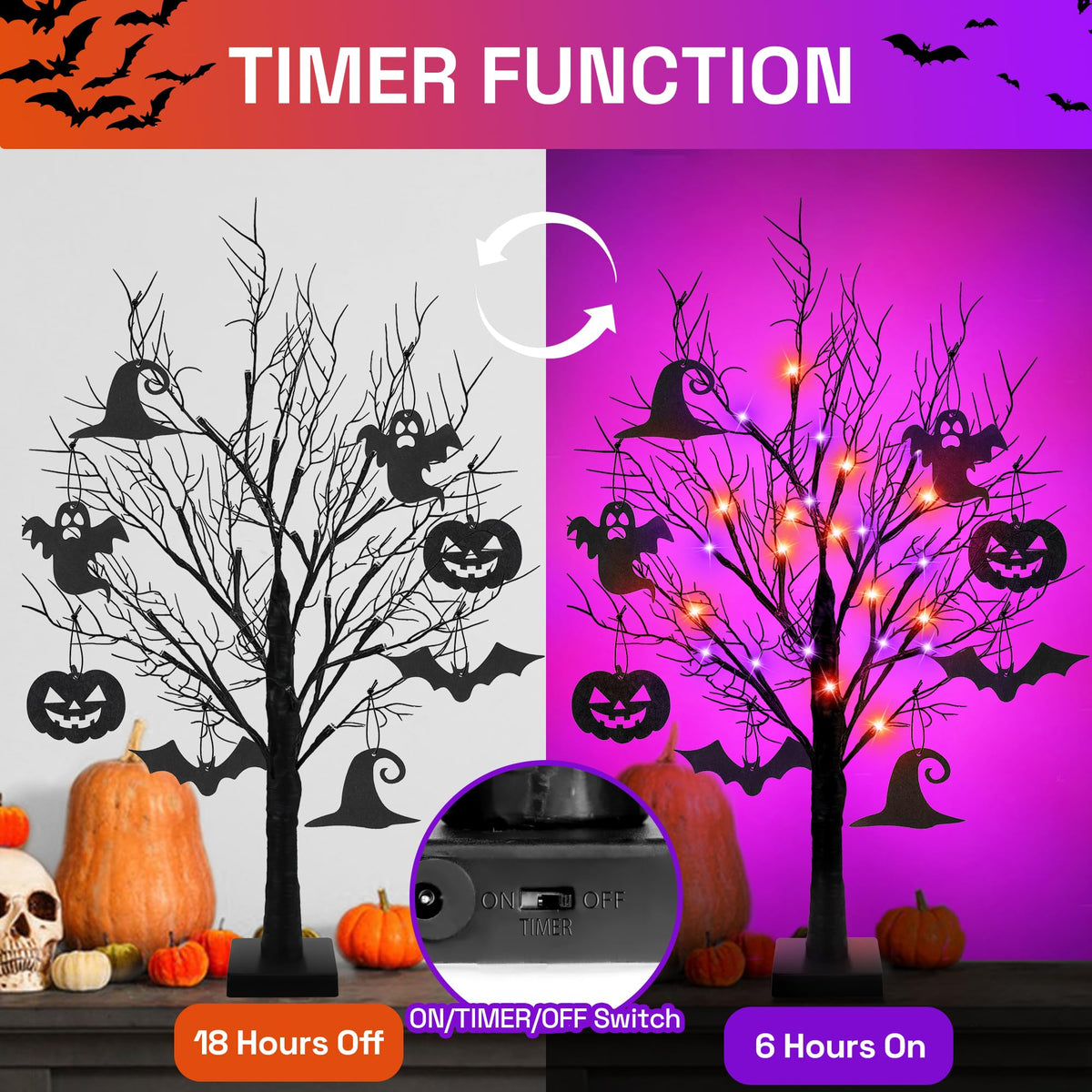 [Timer] 2 Pack 24 Inch Halloween Decorations Indoor, Black Halloween Tree with 24 LED Orange Purple Lights & 16 Pumpkin Bat Ghost Witch Hat, USB/Battery Operated Table Decorations Home Party