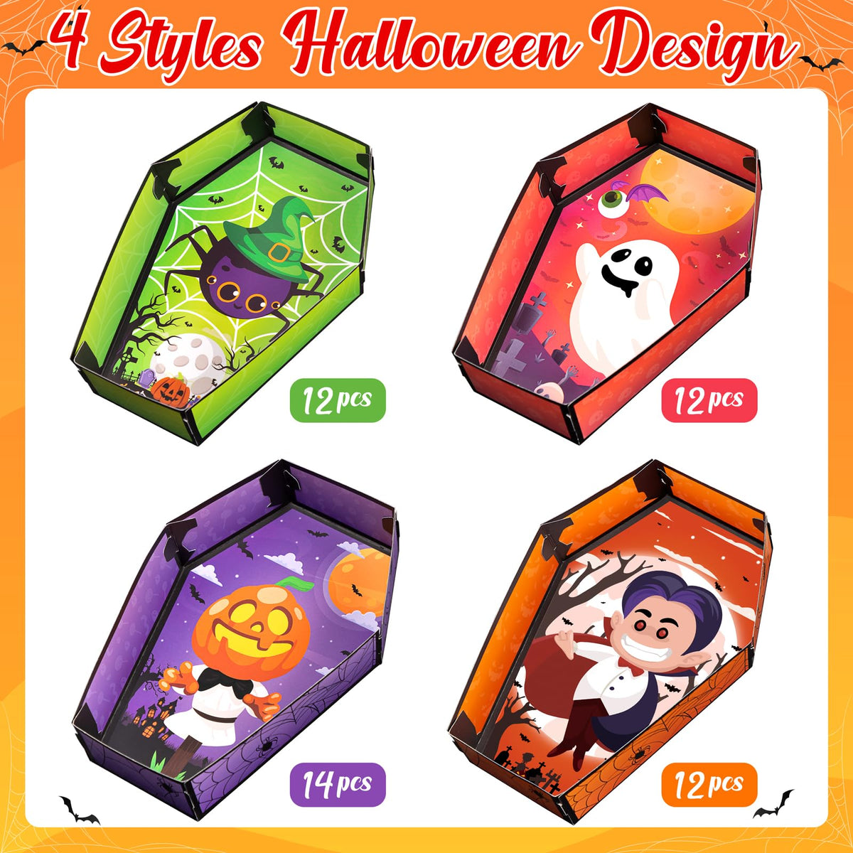 Geefuun 50Pcs Halloween Coffin Serving Food Trays - Vampire Pumpkin Ghost Spider Disposable Snack Paper Dish for Party Decoration Supplies