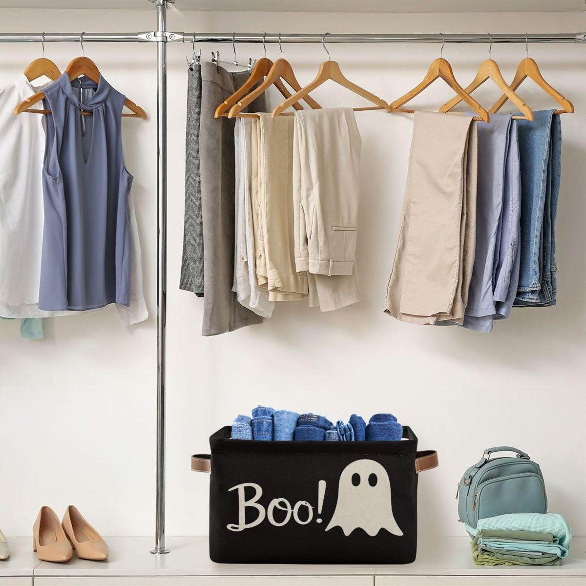 Wamika Halloween Ghost Boo Storage Basket with Waterproof Liner and PU Handles Spooky Bat Skull Storage Bins Boxes 14.2" Collapsible Decorative Organizer Baskets for Bedroom Closet Office 1 Pack